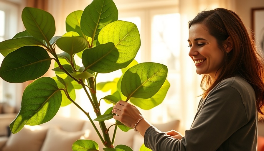 Woman caring for fiddle leaf fig in sunlit room, fiddle leaf fig care.