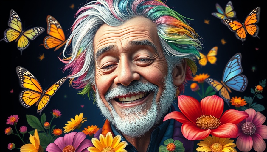 Older man with rainbow hair, free from resentment, smiling peacefully amid butterflies.