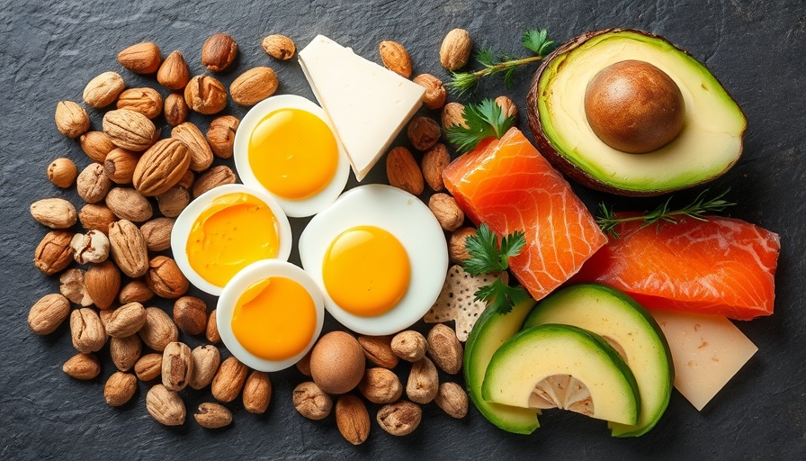 Biotin rich foods like nuts, avocado, eggs, and salmon displayed creatively.