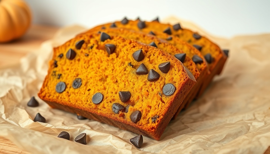 Sliced grain-free pumpkin chocolate chip bread showcasing a moist texture.