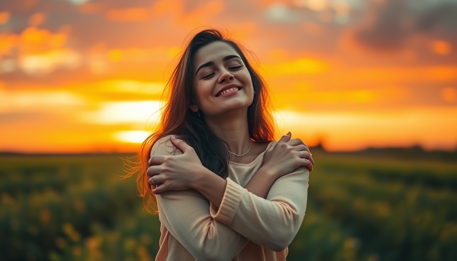 Serene woman embracing herself under a vibrant sunrise.