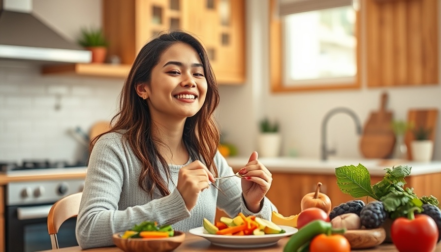 A woman eating healthy food in a cozy kitchen, capturing stress relief.