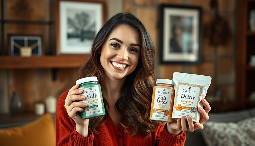 Smiling woman holding EquiLife Fall Detox products at home.