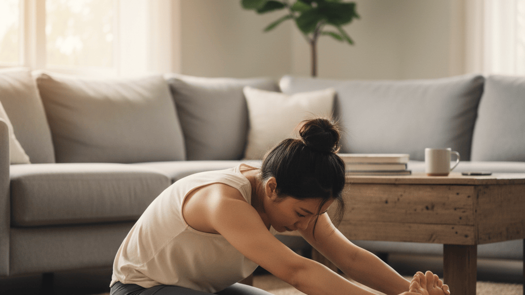 Active patient doing recommended stretching exercises for low back pain relief in Prince George BC, bright home setting