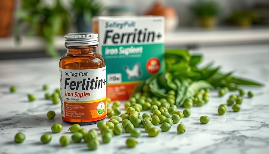Ferritin+ iron supplement benefits; bottle and box with peas.