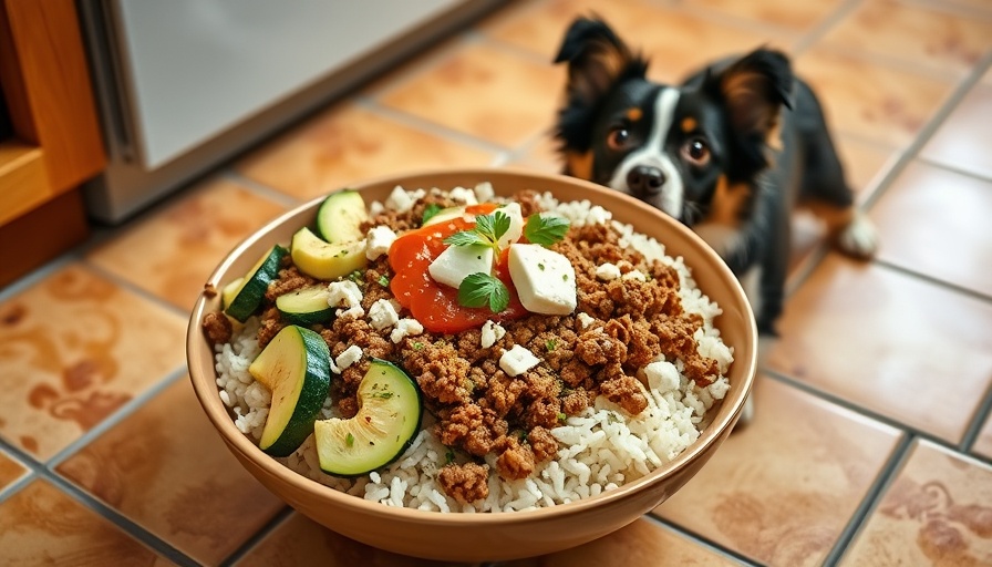 Healthy meal with rice and zucchini, dog nearby, for functional fitness.