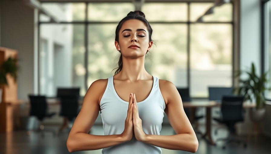 Woman practicing yoga with perfect posture in office.