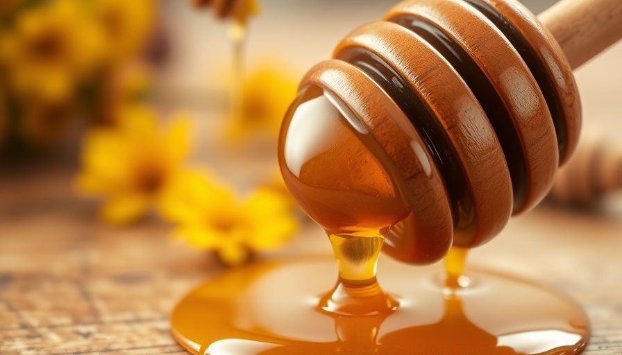 Close-up of honey dipper dripping thick honey via macro lens