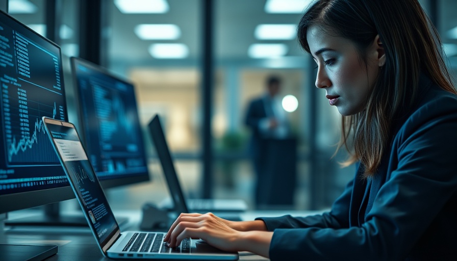 Businesswoman analyzing digital B2B Marketing KPIs in office setting.