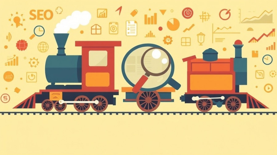 Illustration of a search engine train depicting SEO concepts related to 'What is Index Bloat'.