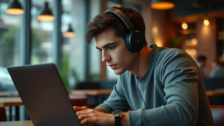 Young man engaged in social listening at a cafe, pondering deeply.