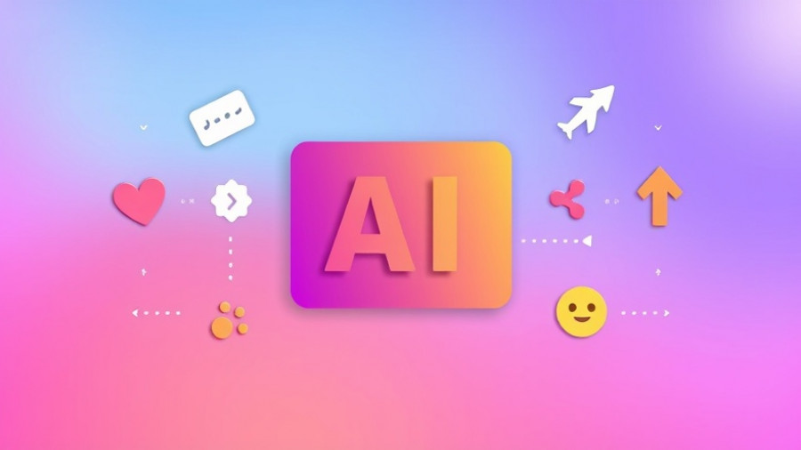 Illustration of AI writing tools with icons on a purple gradient background.