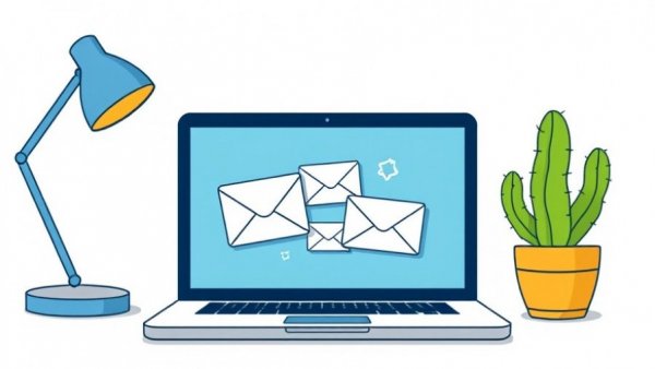 Illustration of a laptop with email envelopes, lamp, and cactus.