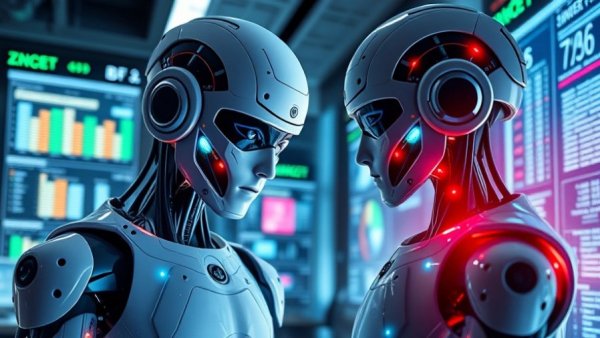 Humanoid robots using AI tools for Excel data analysis in futuristic office.