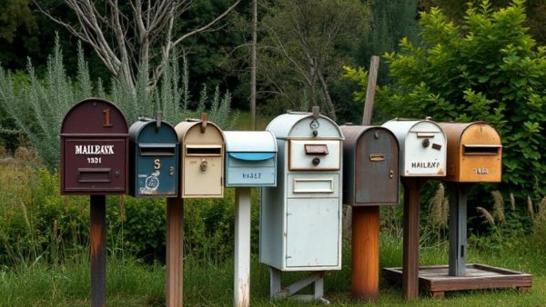 Row of vintage mailboxes for 'Best Newsletters for SMBs' concept.