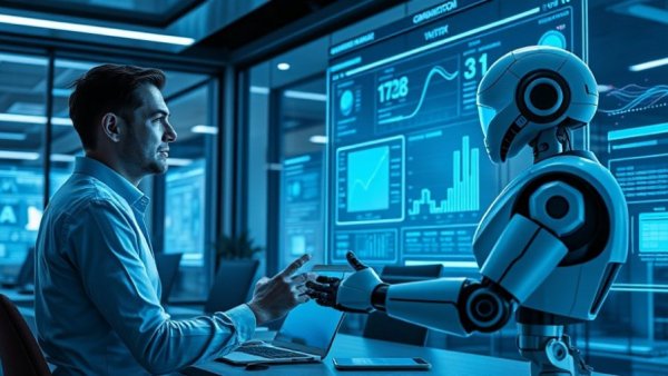 Futuristic office with human and robot working on context engineering.