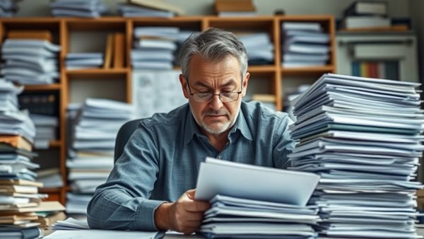 Stressed man overwhelmed with paperwork at office desk, AI tools for special education teachers.