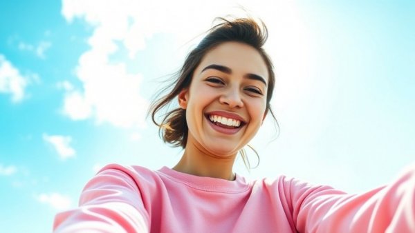 Young woman taking a playful selfie, showcasing user-generated content strategies.