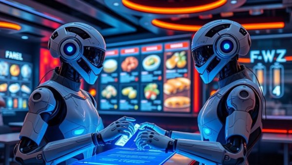 Futuristic robots interacting with Zomato MCP Server's virtual menu, digital neon setting.