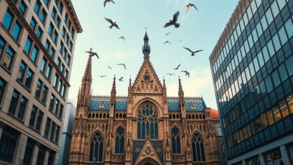 Gothic cathedral architecture with birds in city backdrop.