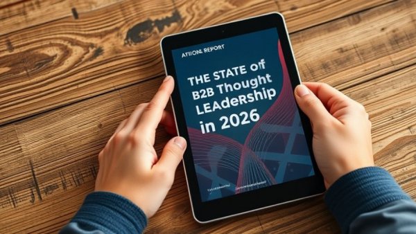 Tablet displaying B2B Thought Leadership 2026 report on wooden table.