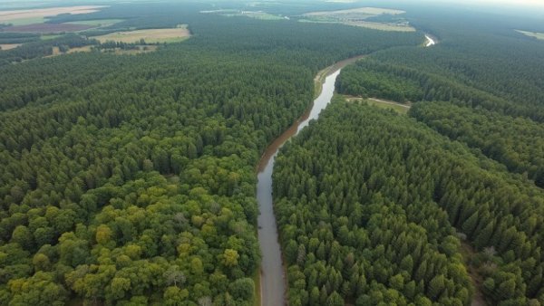 Aerial view of natural forests and river showcasing AI technology.