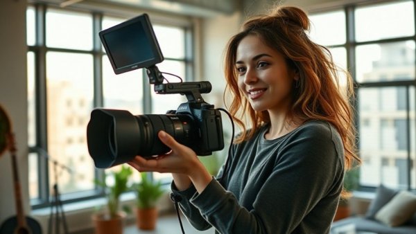 Young woman filming content in stylish loft for TikTok tutorial.