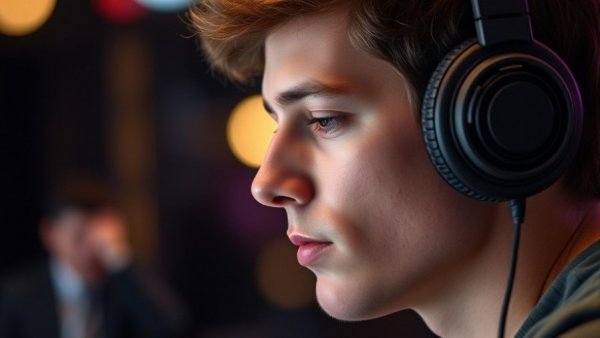 Person with headphones immersed in music, warm lighting, trending TikTok sounds.