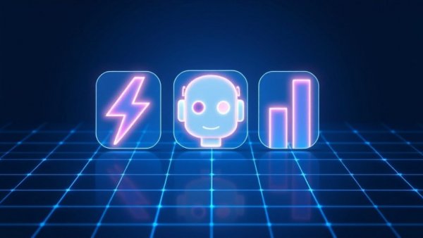 Futuristic AI productivity symbols on a blue grid background.
