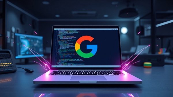 Futuristic laptop showing Google Antigravity logo with code elements.