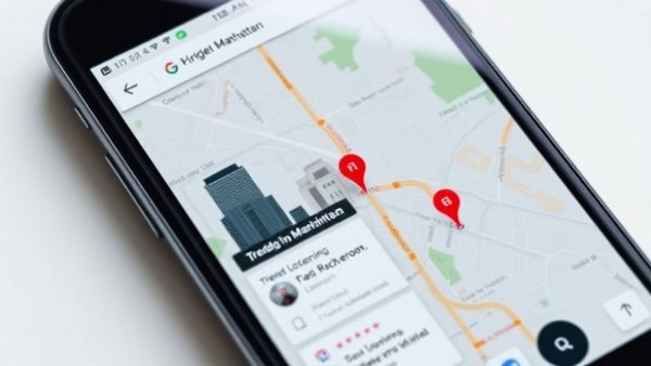 Smartphone displaying Google Maps with Manhattan trending tips.