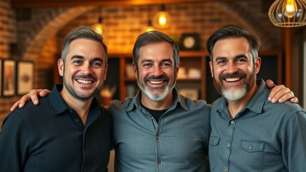 Three smiling men showing goodwill, capturing warmth and connection.