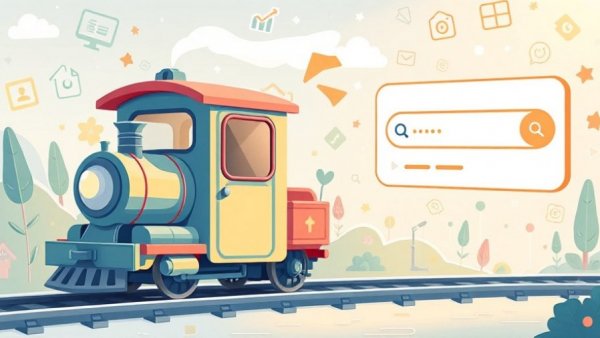 Illustration of a search engine train with digital icons.