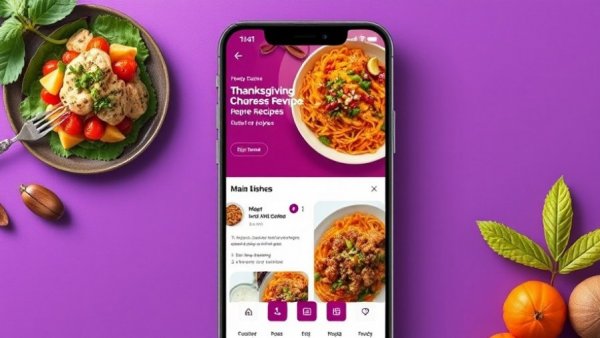 Thanksgiving recipe app interface, bright colors, easy navigation.