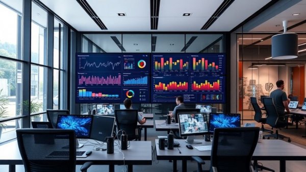 AI Workflow Automation in Marketing, modern office workspace, digital graphs.