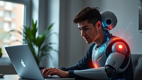AI robot with holographic interface assisting a man on a laptop