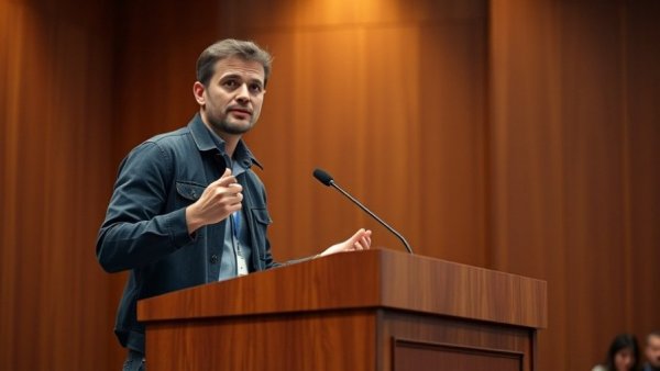 Confident speaker presenting B2B marketing strategies at forum.