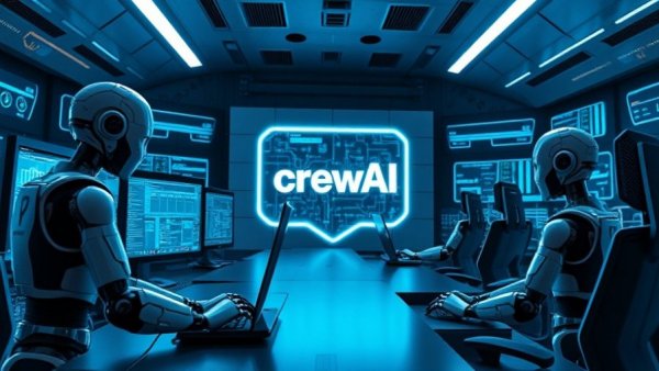Task guardrails in CrewAI: futuristic AI control room with digital shield.