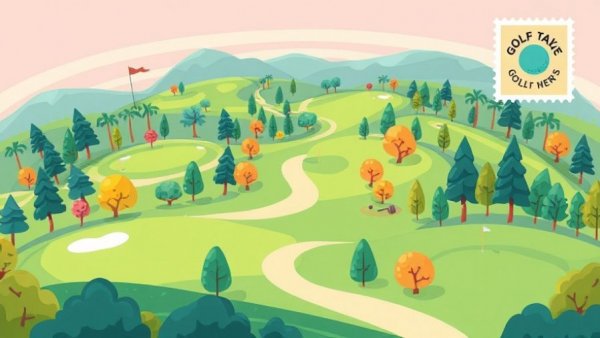 Illustrated golf postcard design in a cozy game style.