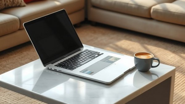 AI content ideas system setup with laptop and coffee.