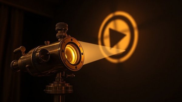 Vintage optical setup creating play symbol, representing searchable video strategy.