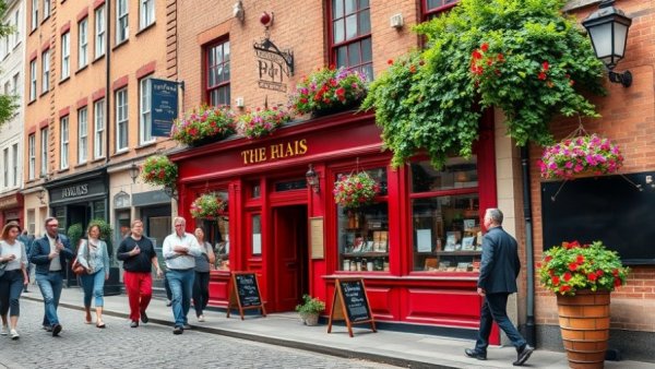 Lively street view of historic pub with cobblestone road.