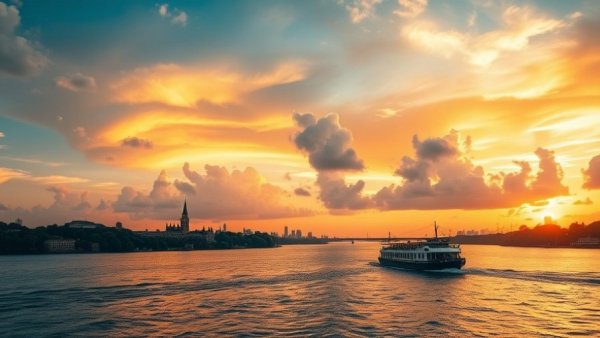 Serene river with boat at sunset, vibrant sky.