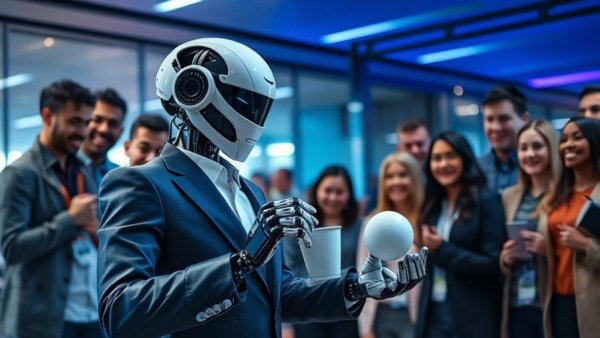 AI-generated misinformation concept: Robot in suit entertaining with cup game.