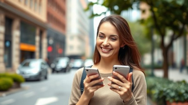 Woman using smartphone for AI dictation tools in urban setting.