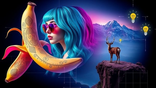 Creative digital collage showcasing photo editing with Nano Banana Pro, featuring a stylized banana, teal-haired woman, and deer on a cliff.