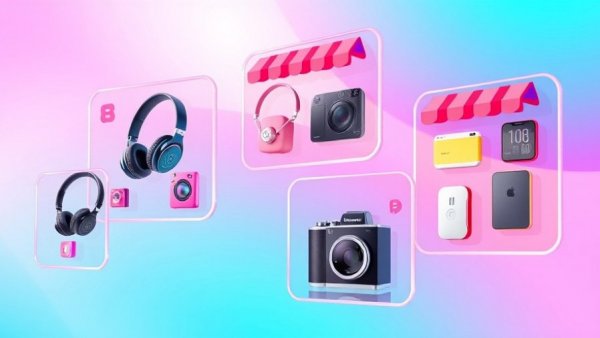 ChatGPT Shopping Research: 3D digital illustration of product screens.