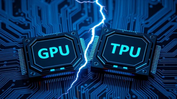 Artistic depiction of GPU vs TPU chips in a futuristic style