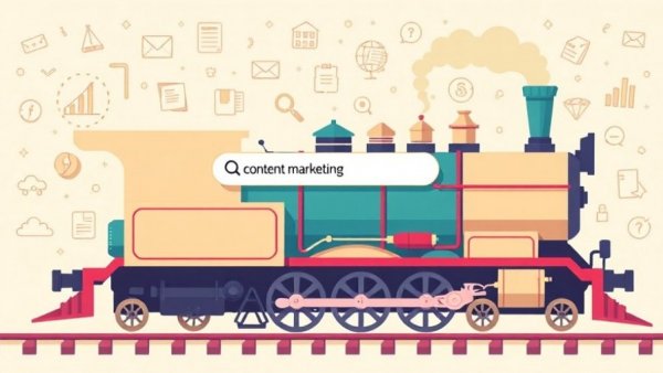 Illustration of a train with a search bar, symbolizing AI in content marketing.