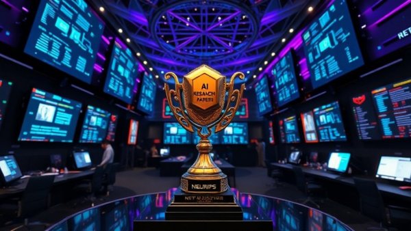 NeurIPS 2025 best papers displayed with award trophy in a futuristic setting.